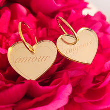 Charger l'image dans la galerie, Boucles d'oreilles Cœur "amour toujours" miroir doré sur créoles 💛🌞