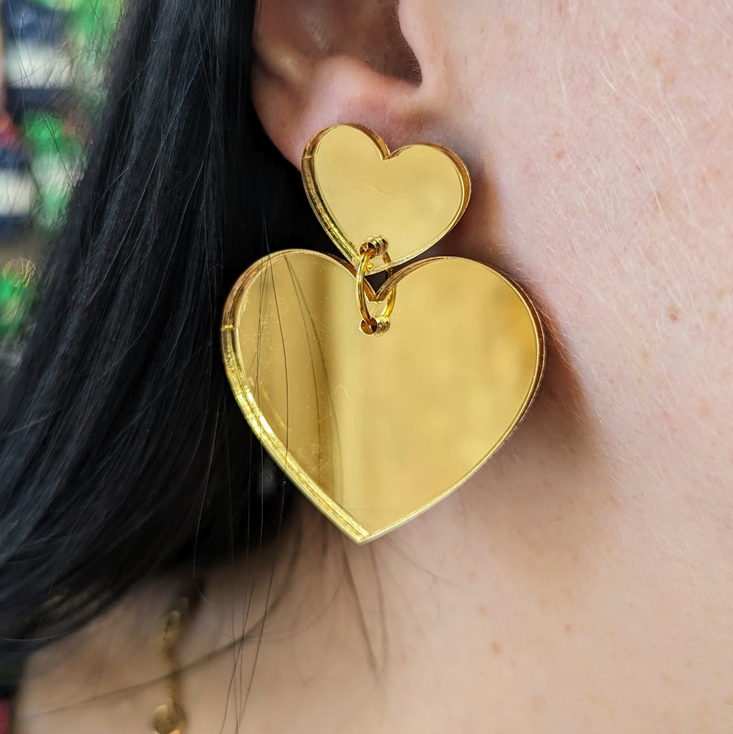 Boucles d'oreilles double cœur miroir doré 💛