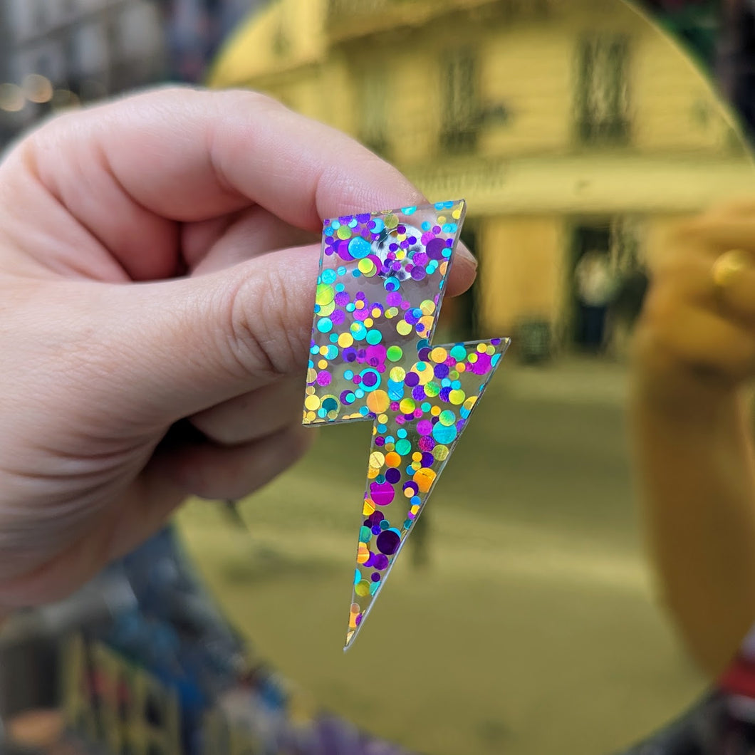 Boucles d'oreilles Eclair paillettes confettis violet vert doré ⚡