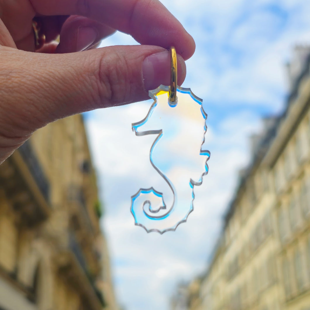 🌈 Boucles d’oreilles Hippocampe Holographique – Reflets arc-en-ciel & mystère marin ✨