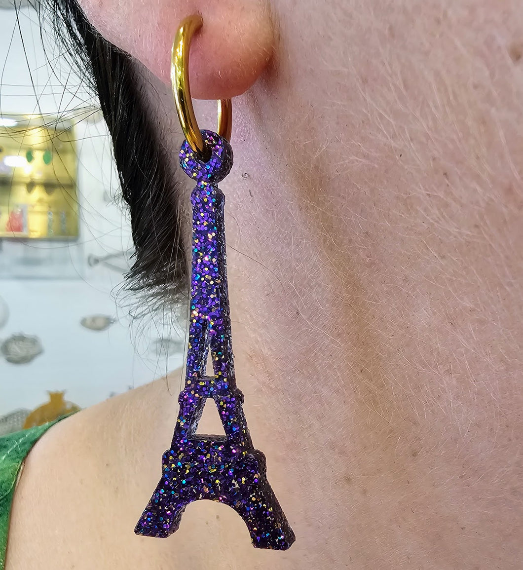 Boucles d'oreilles petite Tour Eiffel, paillettes violettes 🇫🇷