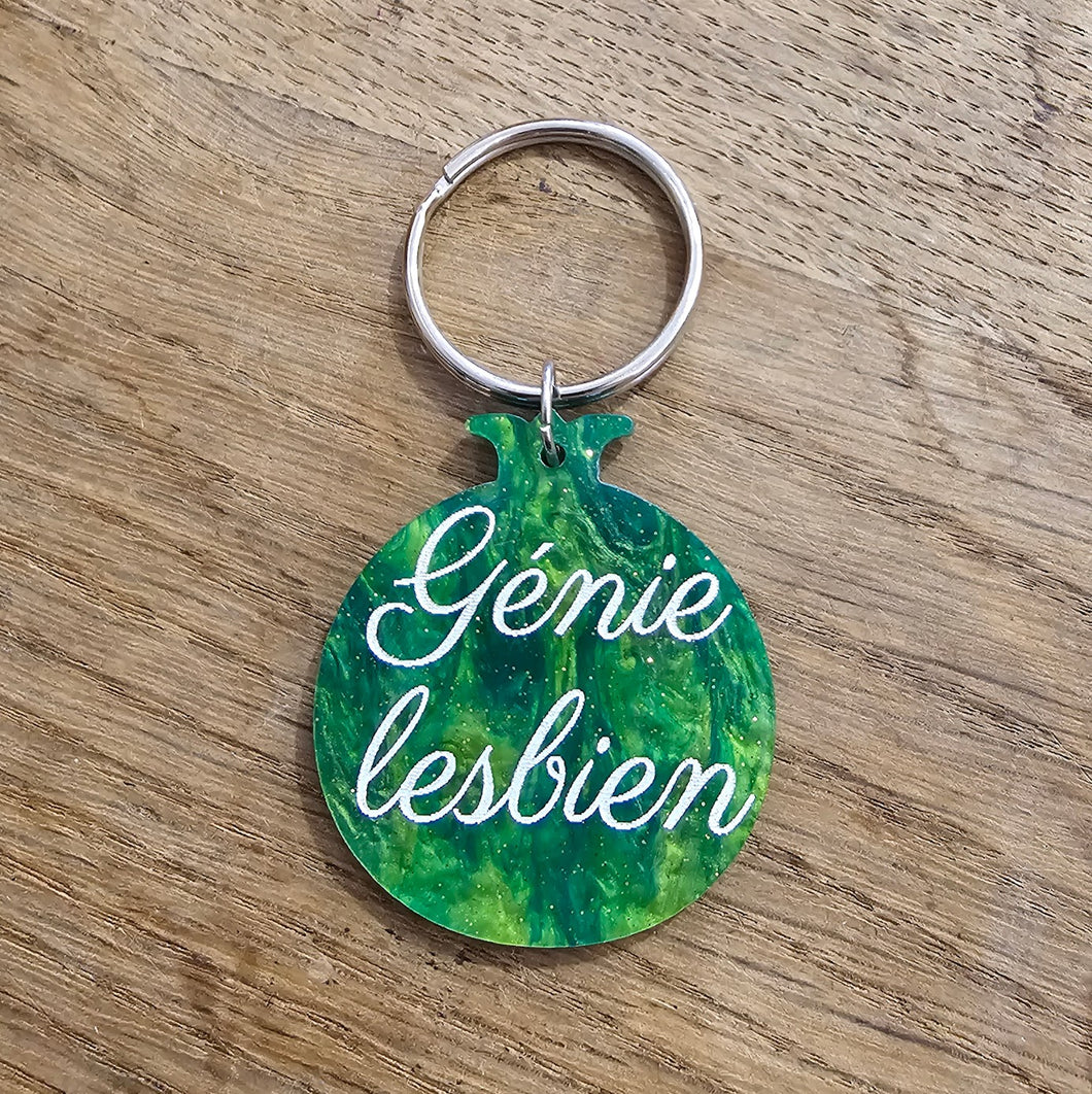 Porte-clefs grenade Génie lesbien, vert-doré marbré 🏳️‍🌈