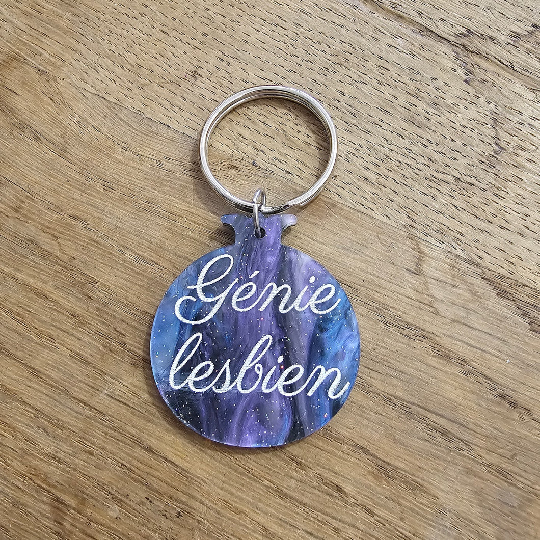 Porte-clefs grenade Génie lesbien, violet galactique marbré 🏳️‍🌈