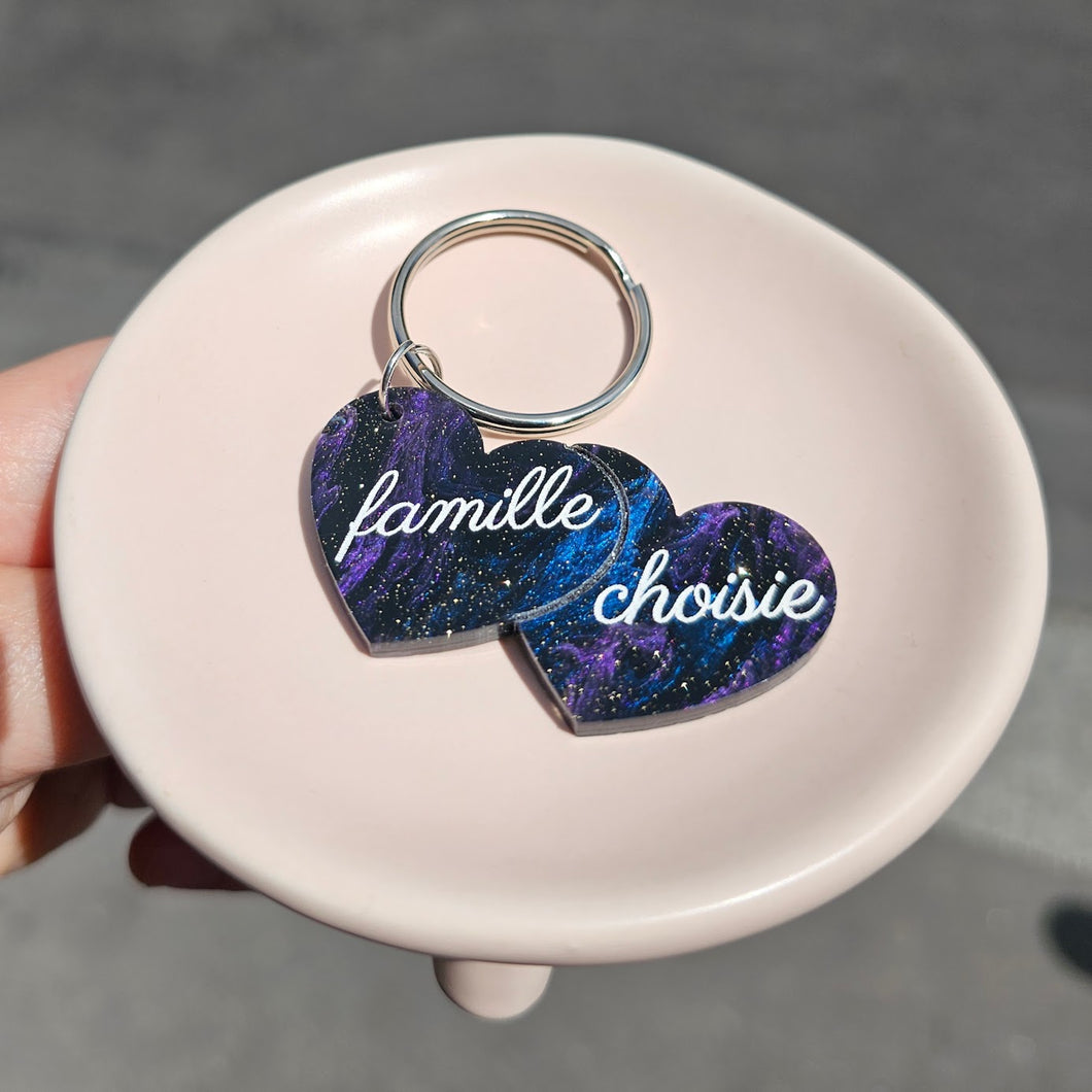 Porte-clefs double cœur Famille choisie, violet galactique marbré 🌈💖