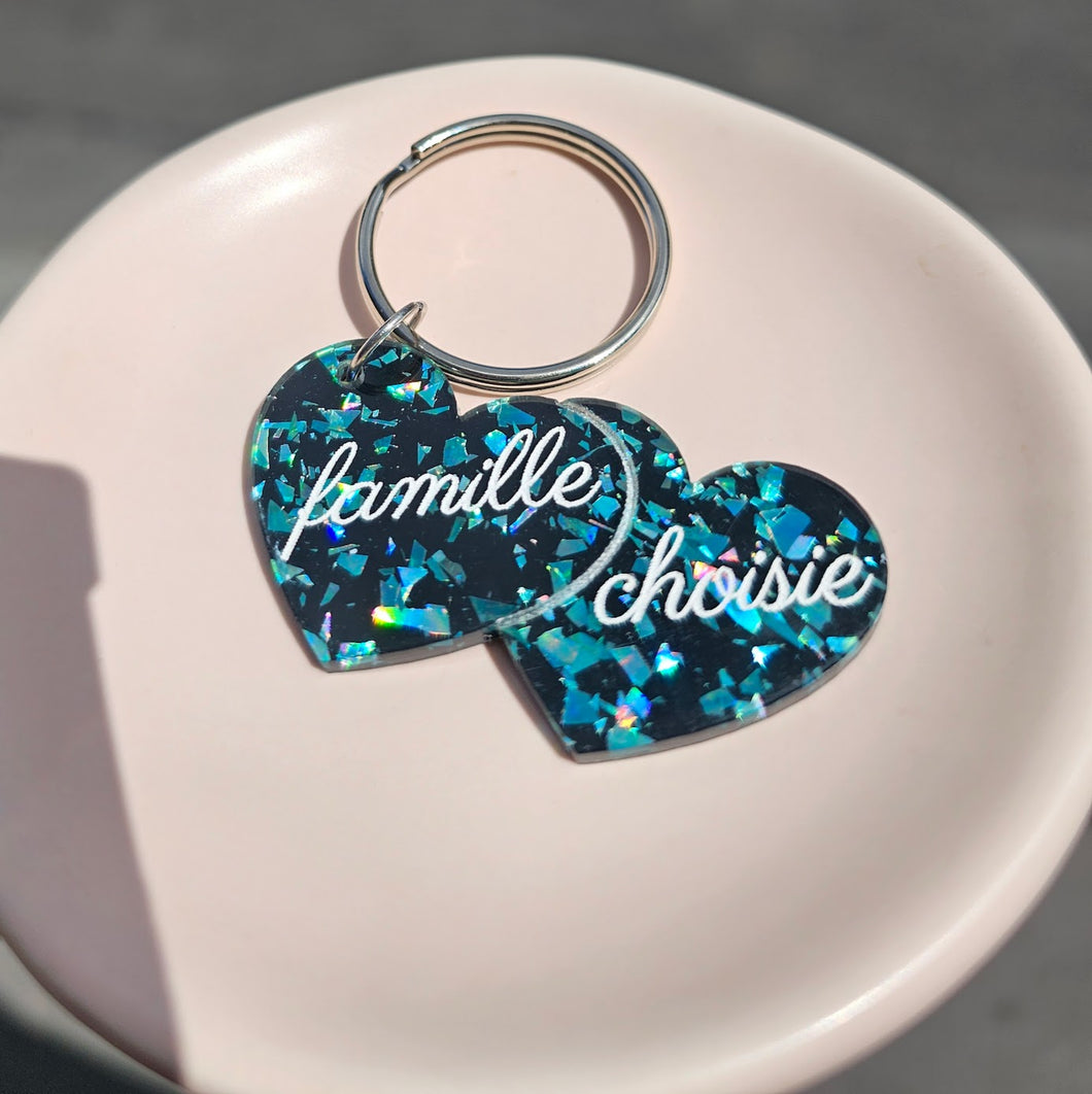 Porte-clefs double cœur Famille choisie, noir paillettes vertes 🌈💖