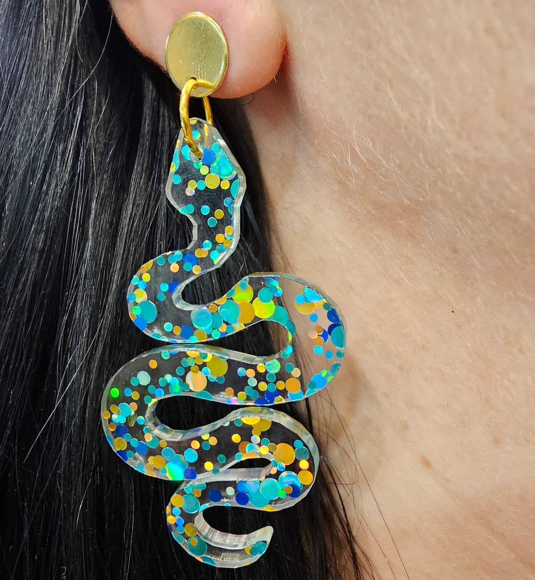 Boucles d'oreilles Serpent paillettes vertes, bleues et dorées 🐍