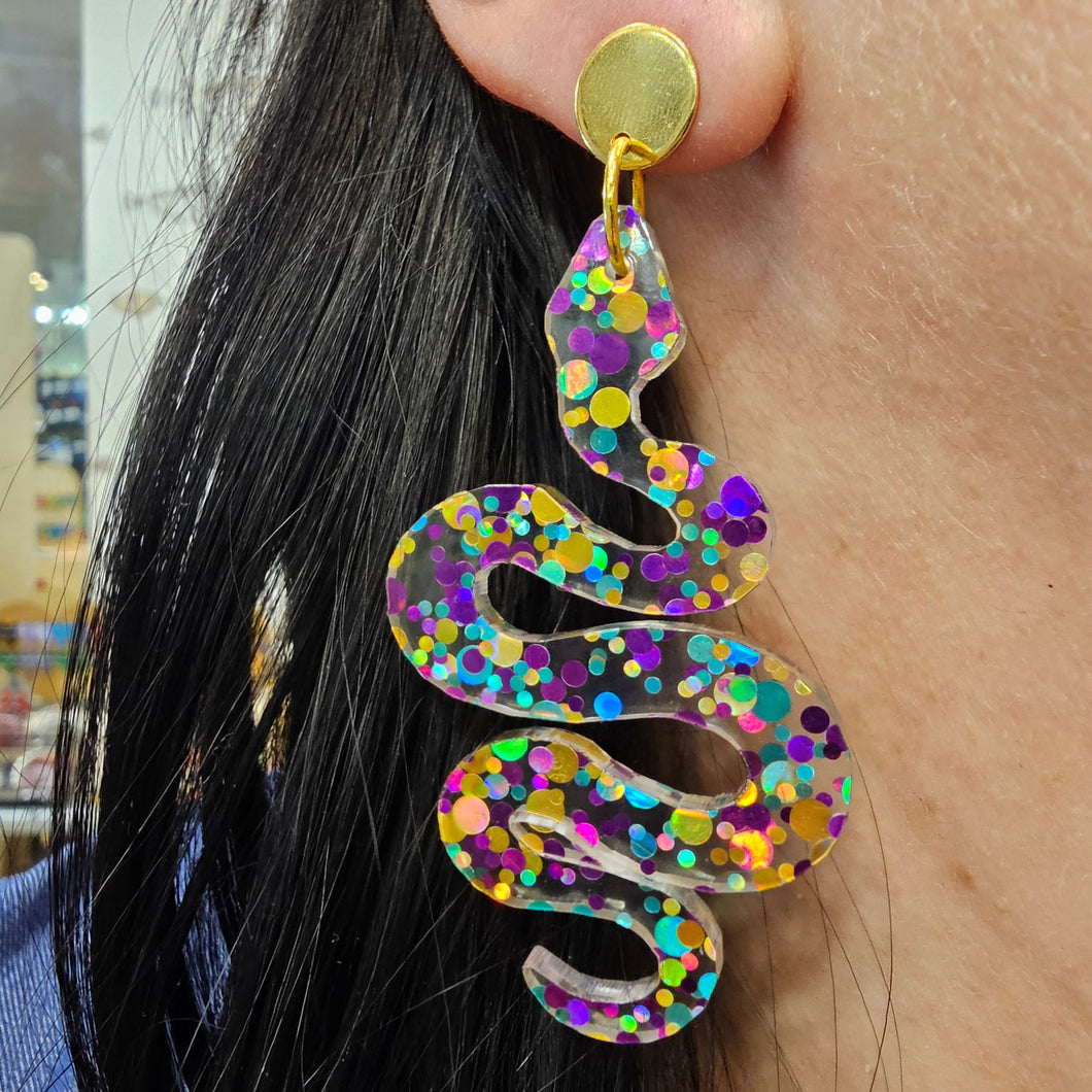 Boucles d'oreilles Serpent paillettes vertes, violettes et dorées 🐍