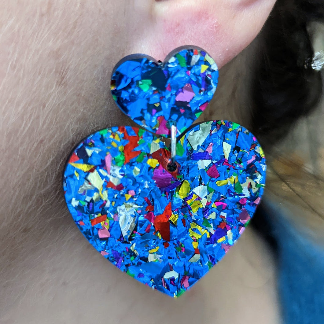 Boucles d'oreilles double cœur paillettes bleues 💙