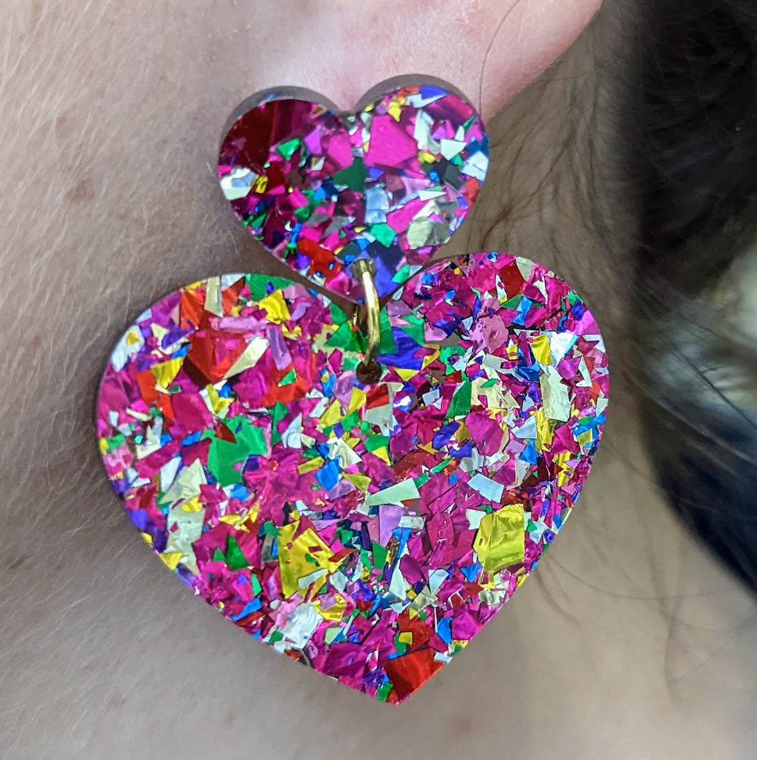 Boucles d'oreilles double cœur paillettes roses 💖