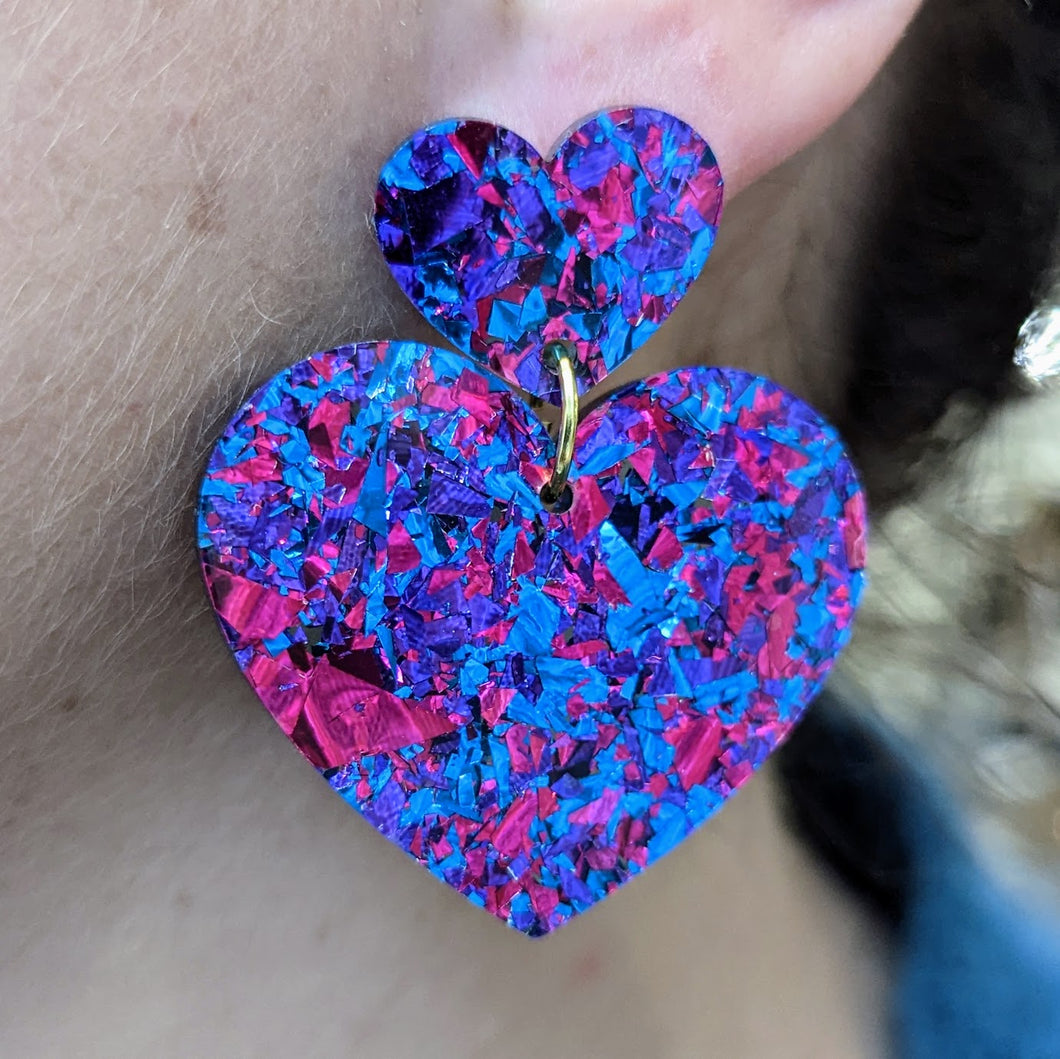 Boucles d'oreilles double cœur paillettes violettes 💜